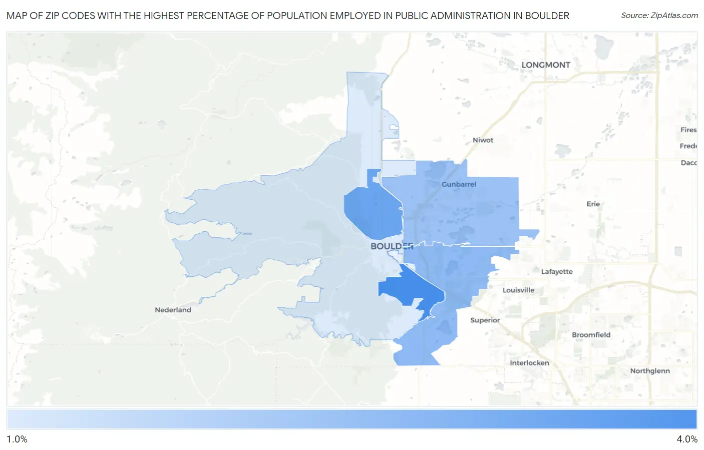 Zip Codes with the Highest Percentage of Population Employed in Public Administration in Boulder Map