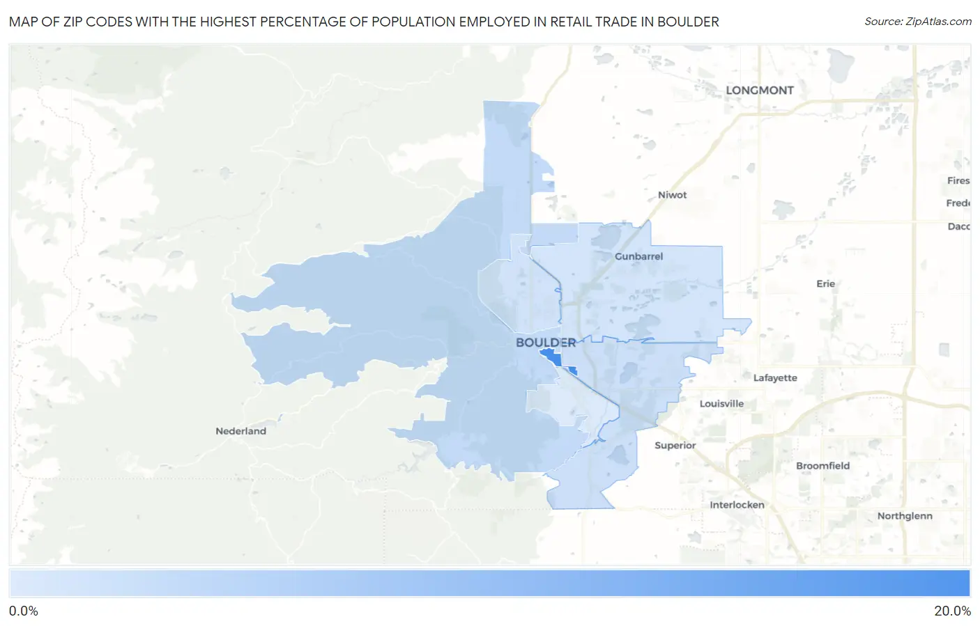 Zip Codes with the Highest Percentage of Population Employed in Retail Trade in Boulder Map