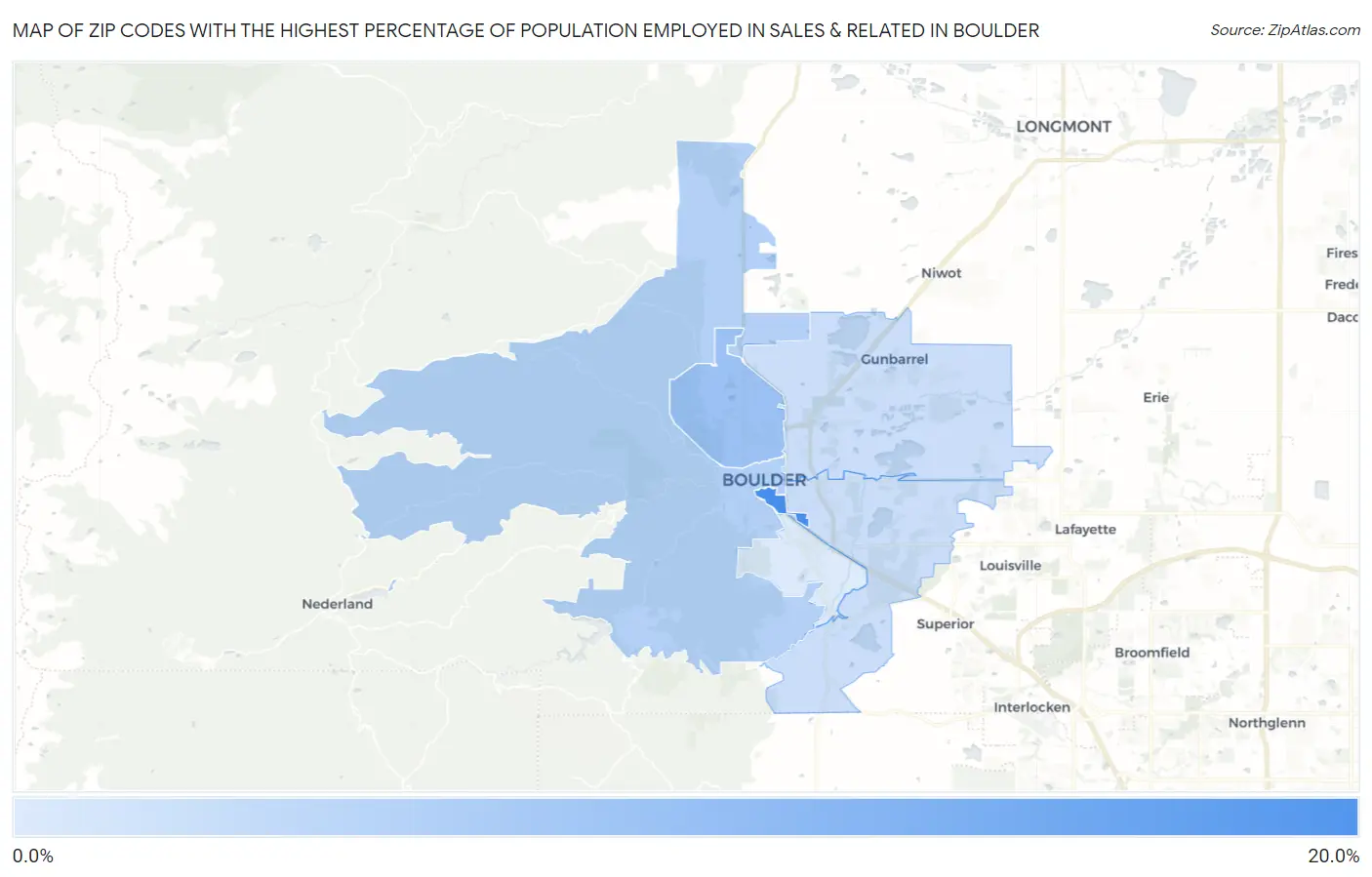 Zip Codes with the Highest Percentage of Population Employed in Sales & Related in Boulder Map
