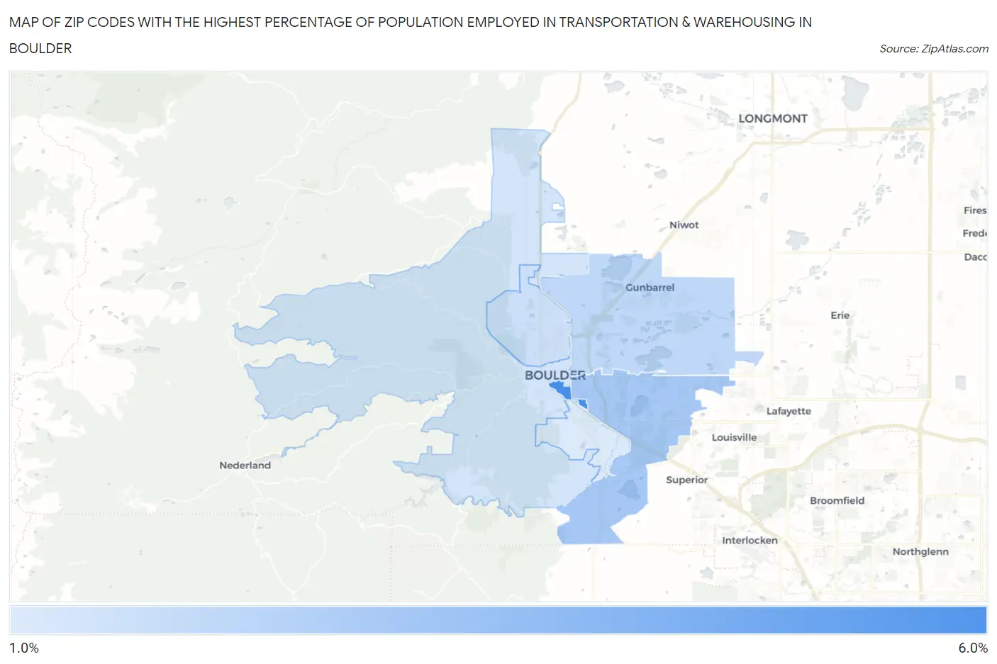 Zip Codes with the Highest Percentage of Population Employed in Transportation & Warehousing in Boulder Map