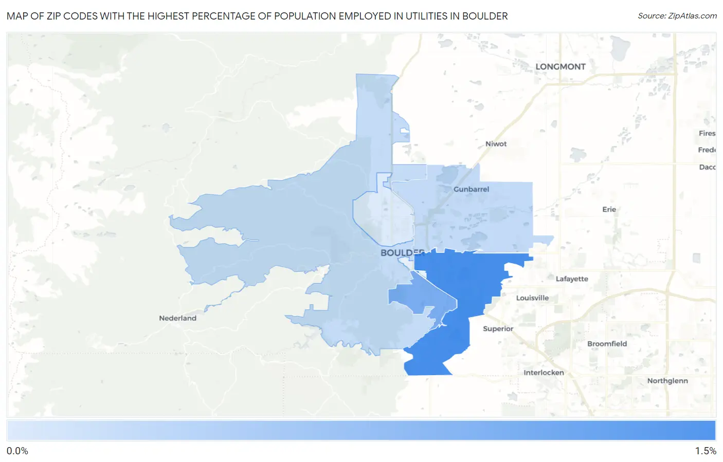 Zip Codes with the Highest Percentage of Population Employed in Utilities in Boulder Map
