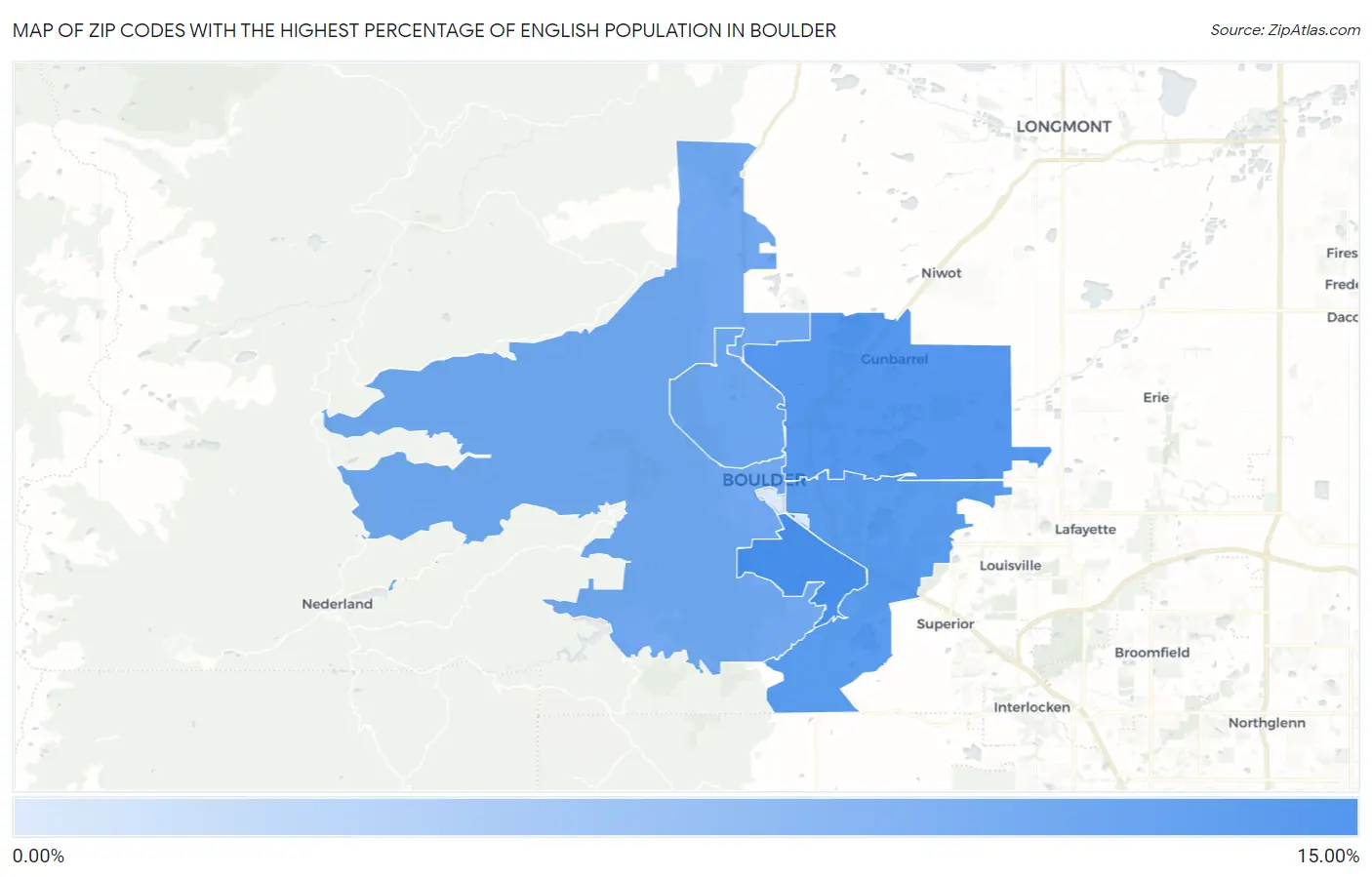 Zip Codes with the Highest Percentage of English Population in Boulder Map