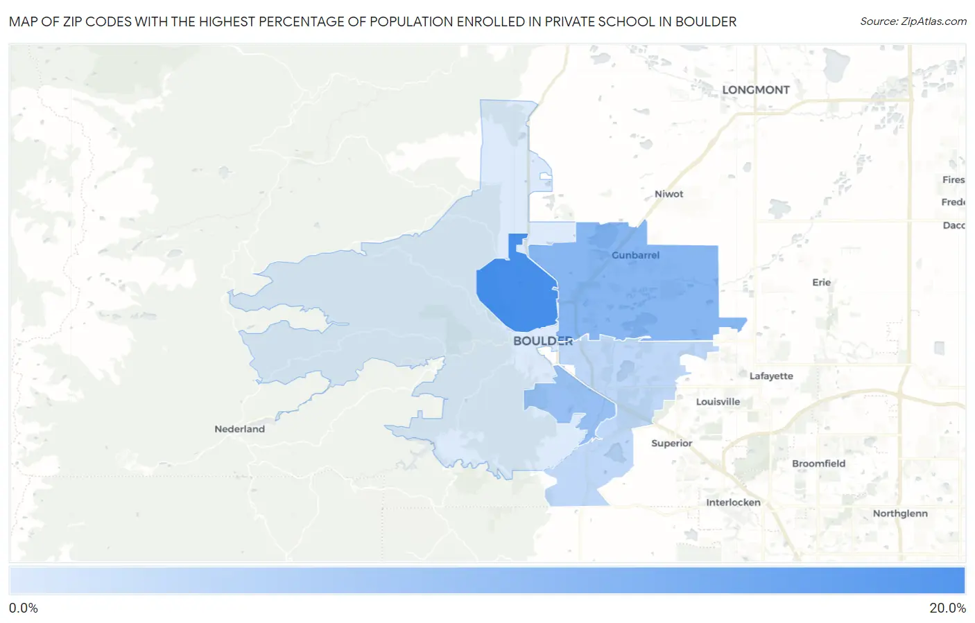 Zip Codes with the Highest Percentage of Population Enrolled in Private School in Boulder Map