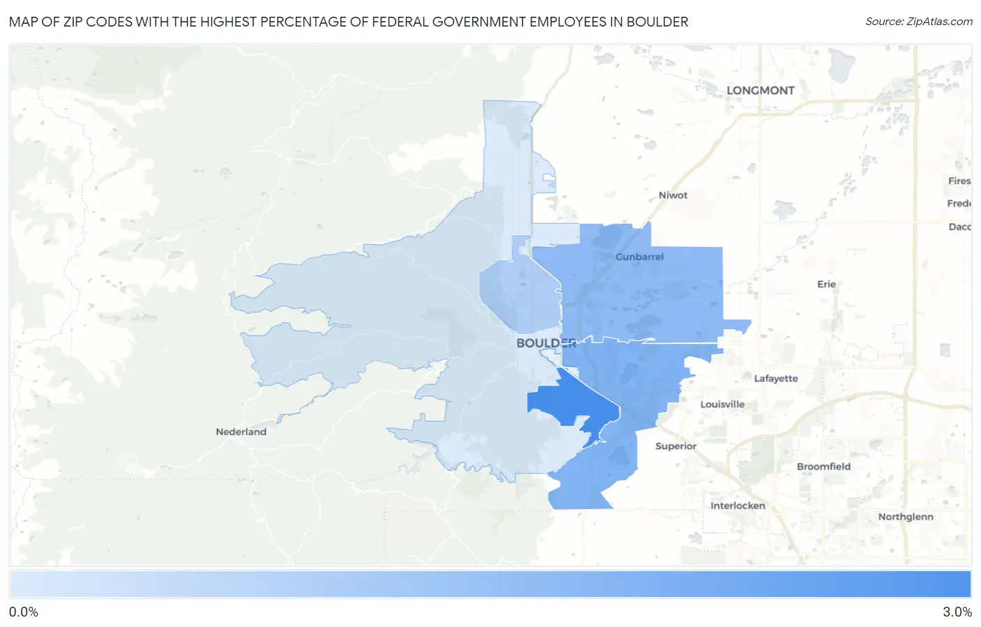 Zip Codes with the Highest Percentage of Federal Government Employees in Boulder Map
