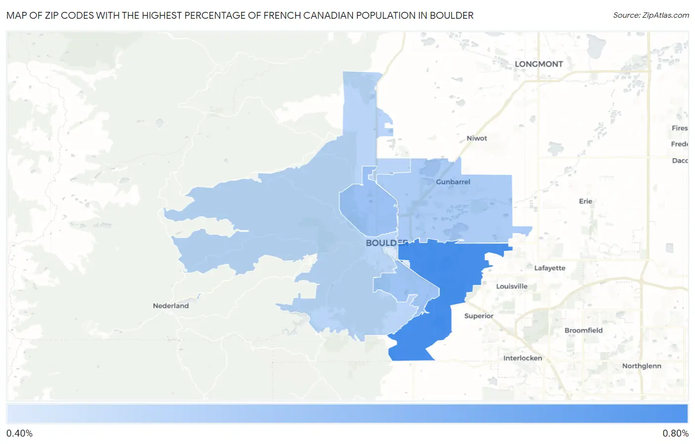 Zip Codes with the Highest Percentage of French Canadian Population in Boulder Map