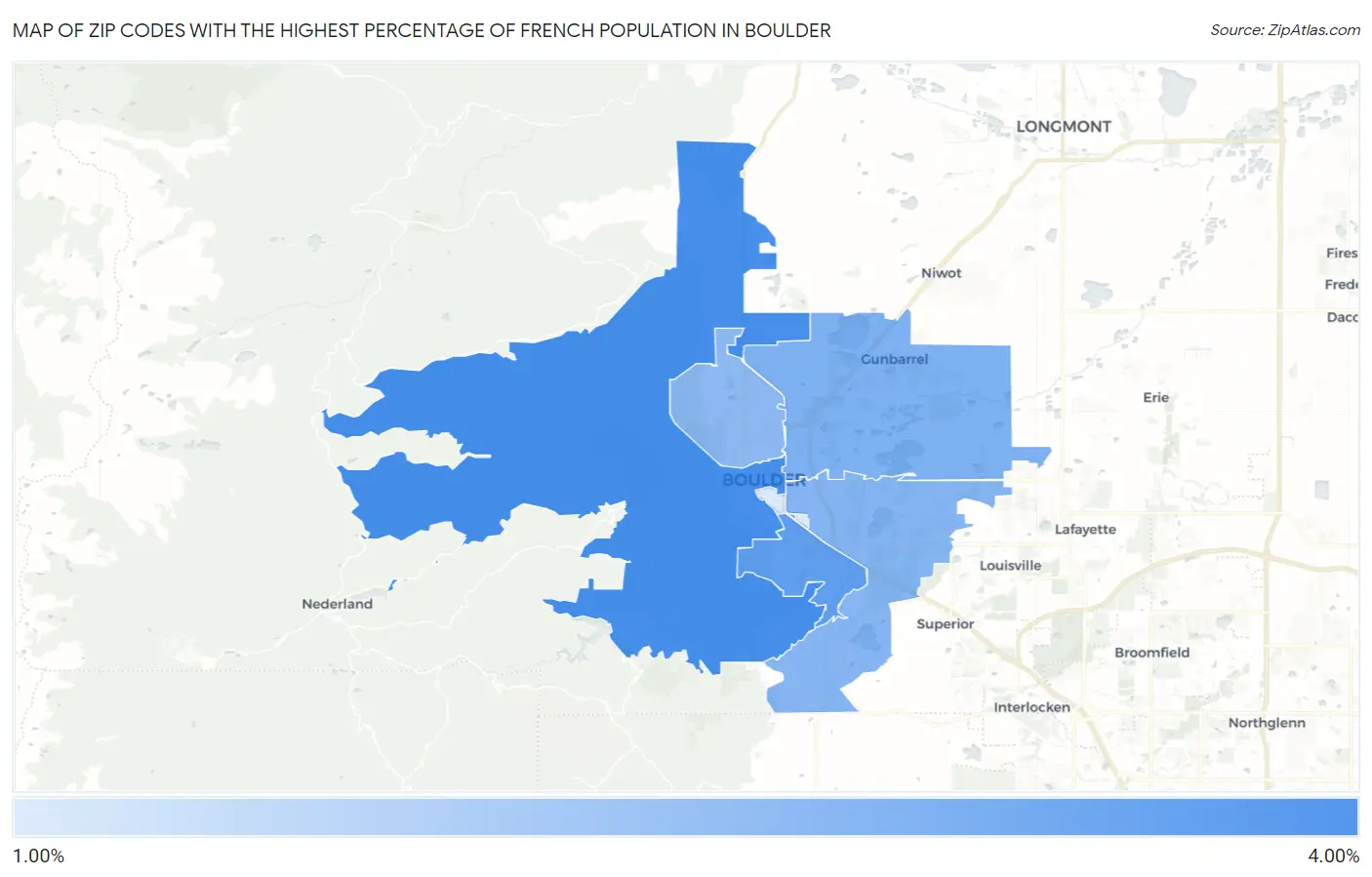 Zip Codes with the Highest Percentage of French Population in Boulder Map