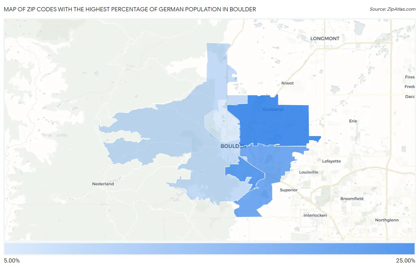 Zip Codes with the Highest Percentage of German Population in Boulder Map