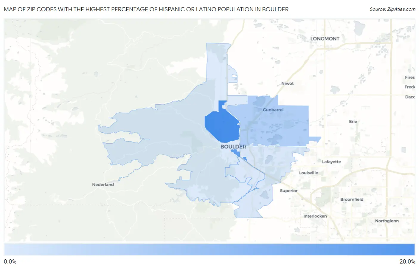 Zip Codes with the Highest Percentage of Hispanic or Latino Population in Boulder Map
