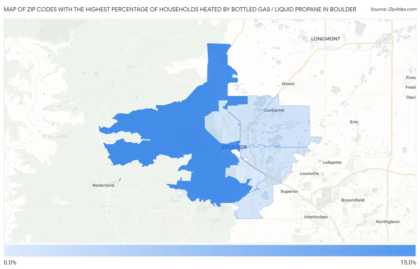 Zip Codes with the Highest Percentage of Households Heated by Bottled Gas / Liquid Propane in Boulder Map