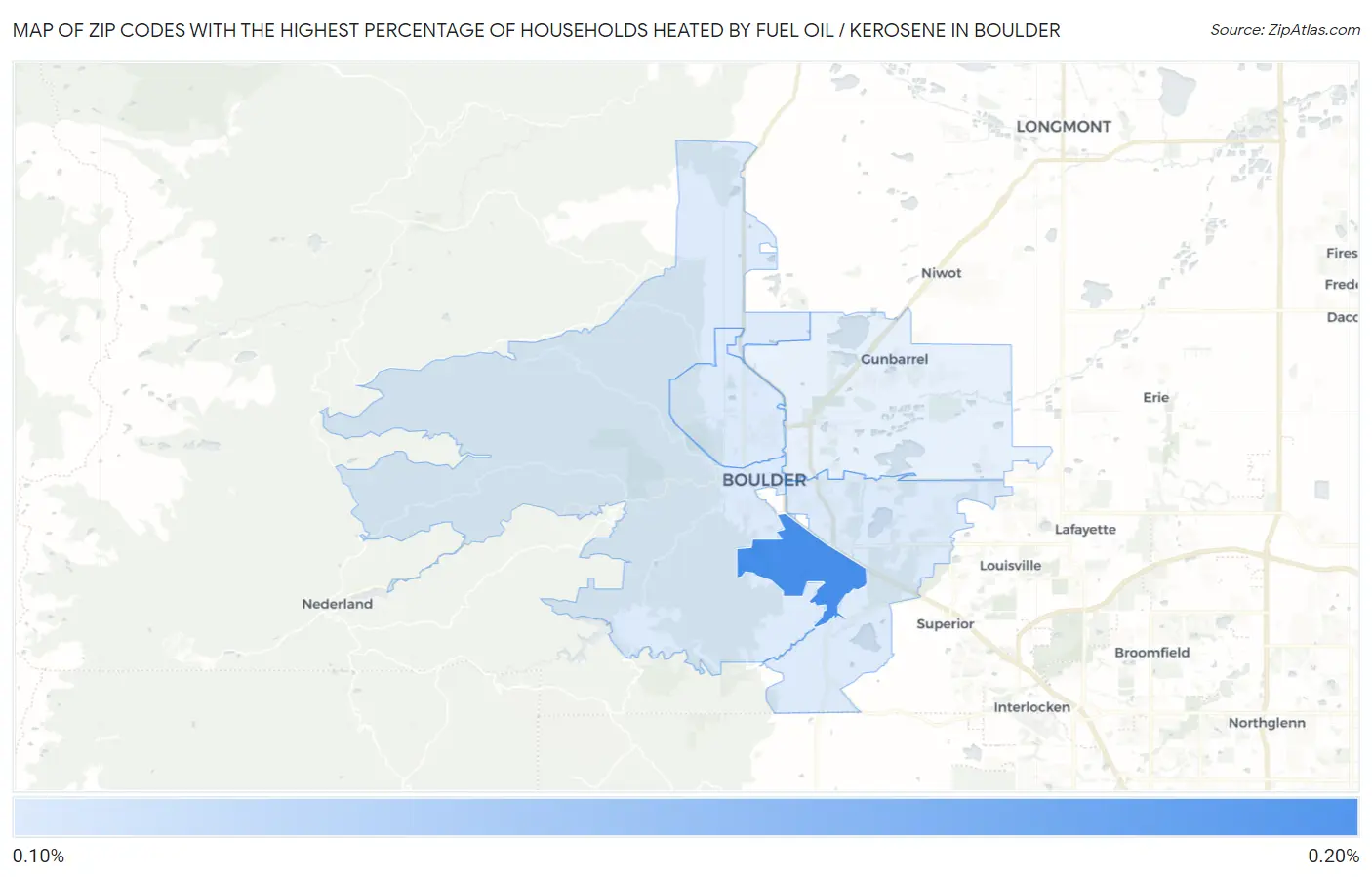 Zip Codes with the Highest Percentage of Households Heated by Fuel Oil / Kerosene in Boulder Map