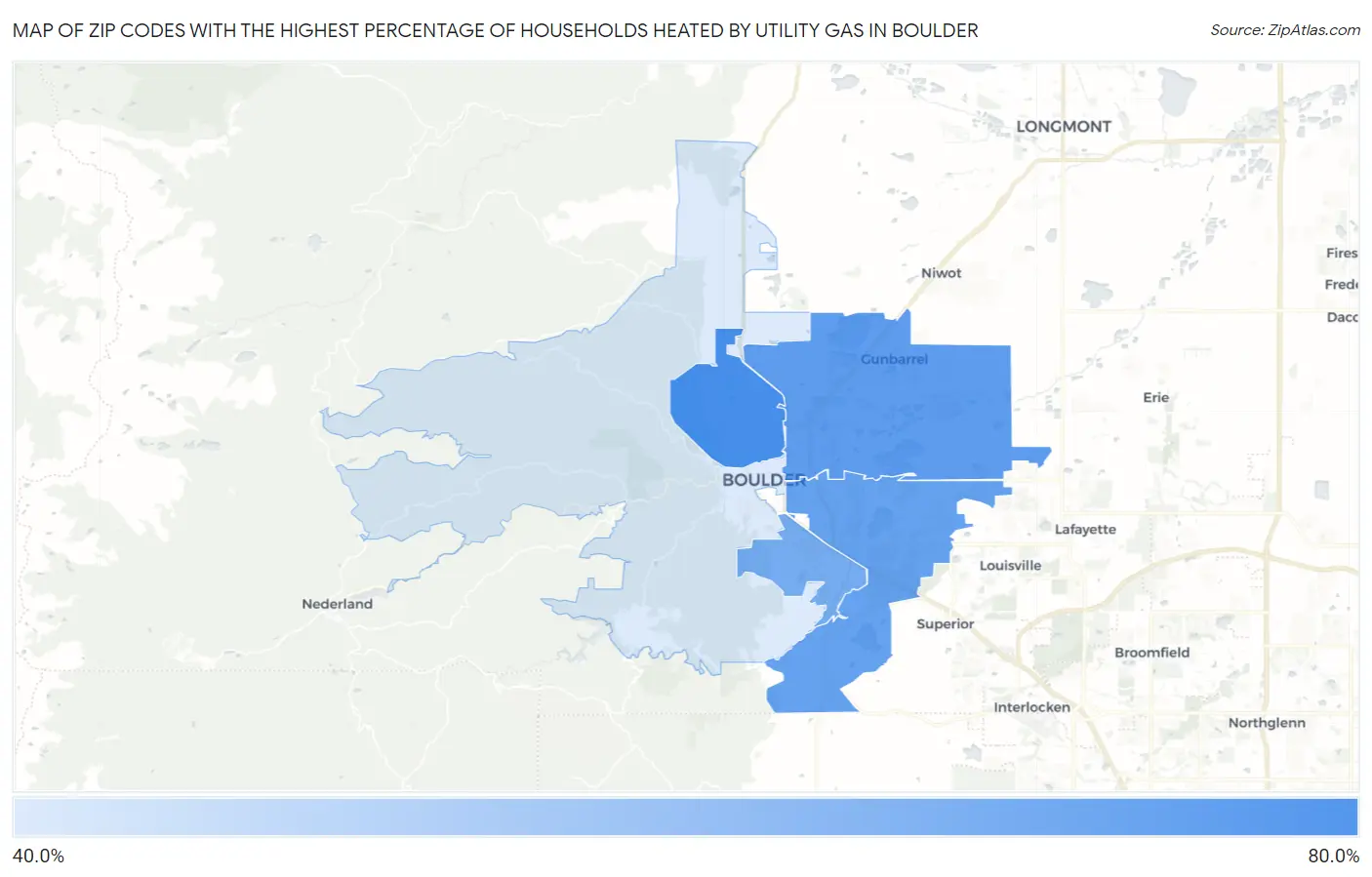 Zip Codes with the Highest Percentage of Households Heated by Utility Gas in Boulder Map