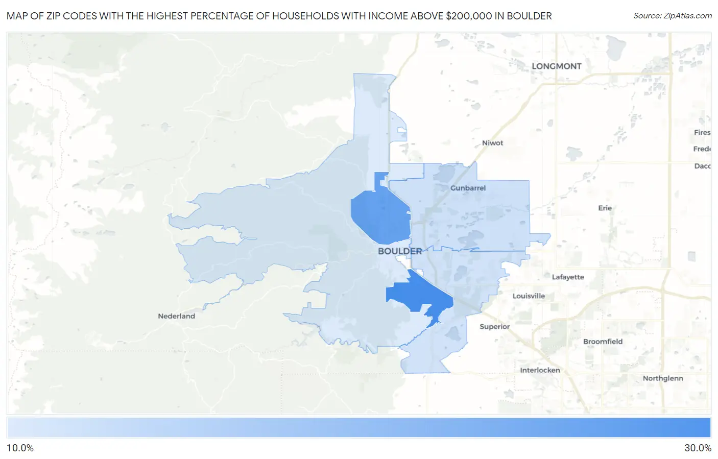 Zip Codes with the Highest Percentage of Households with Income Above $200,000 in Boulder Map