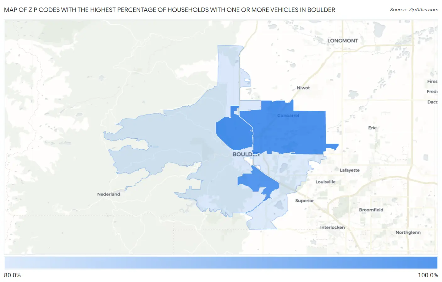 Zip Codes with the Highest Percentage of Households With One or more Vehicles in Boulder Map