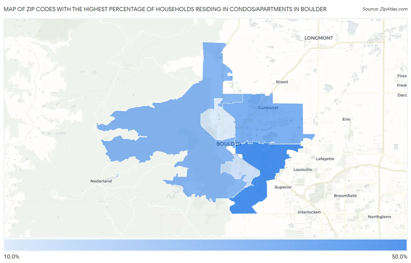 Zip Codes with the Highest Percentage of Households Residing in Condos/Apartments in Boulder Map