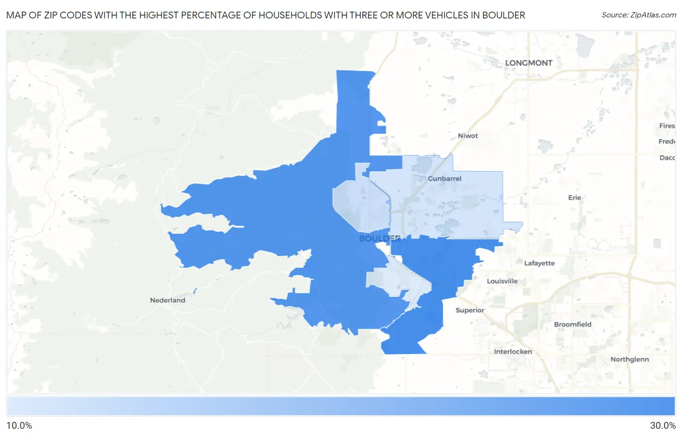 Zip Codes with the Highest Percentage of Households With Three or more Vehicles in Boulder Map