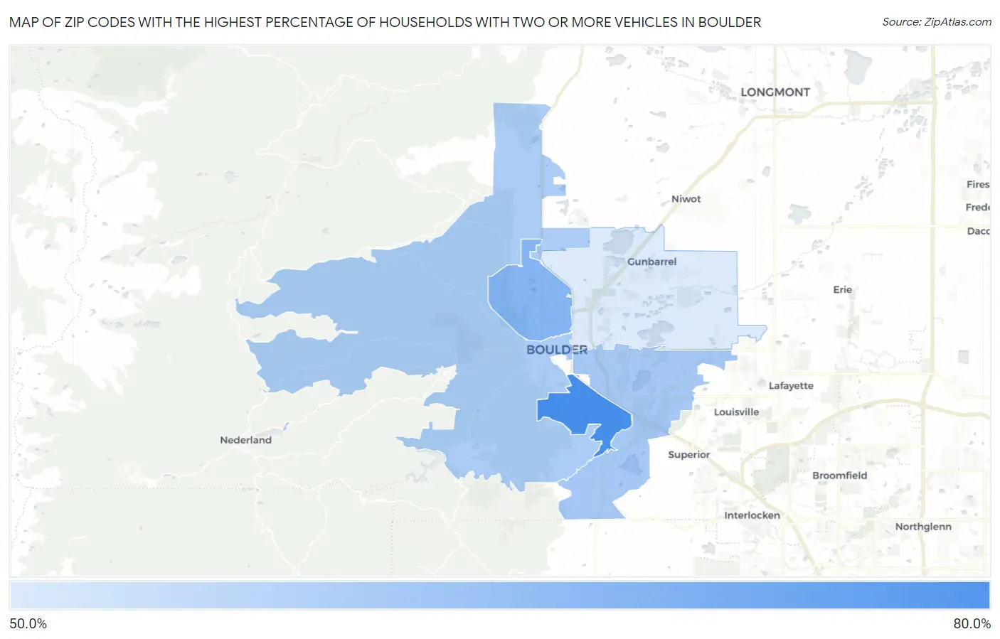 Zip Codes with the Highest Percentage of Households With Two or more Vehicles in Boulder Map