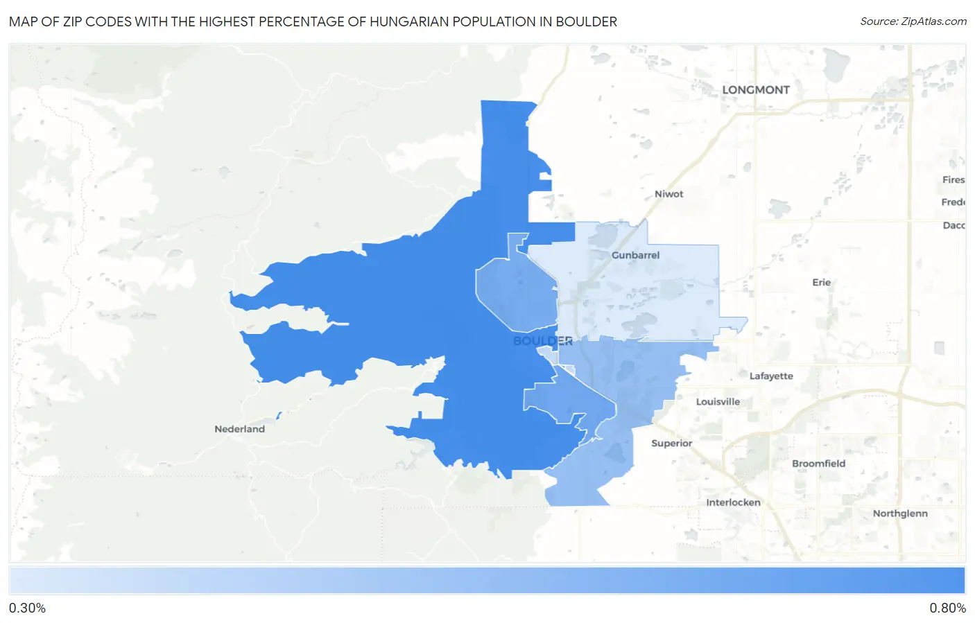 Zip Codes with the Highest Percentage of Hungarian Population in Boulder Map