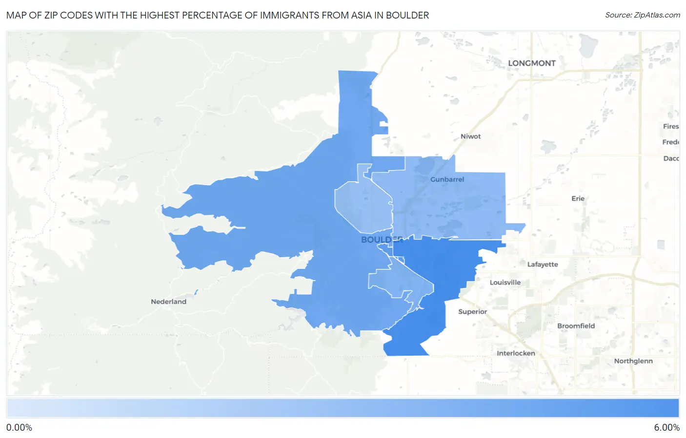 Zip Codes with the Highest Percentage of Immigrants from Asia in Boulder Map