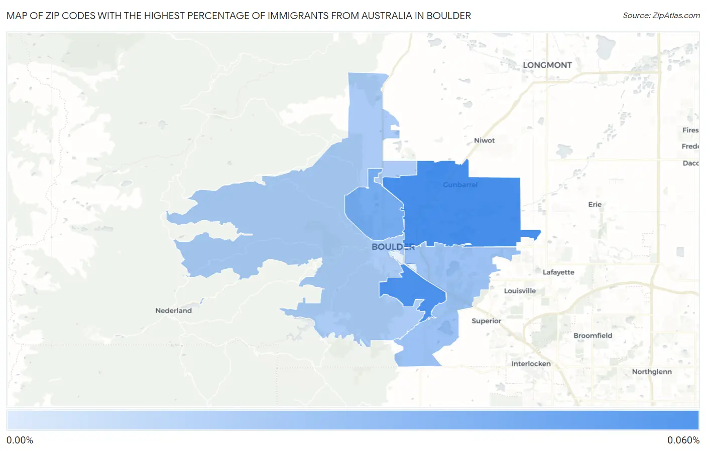 Zip Codes with the Highest Percentage of Immigrants from Australia in Boulder Map