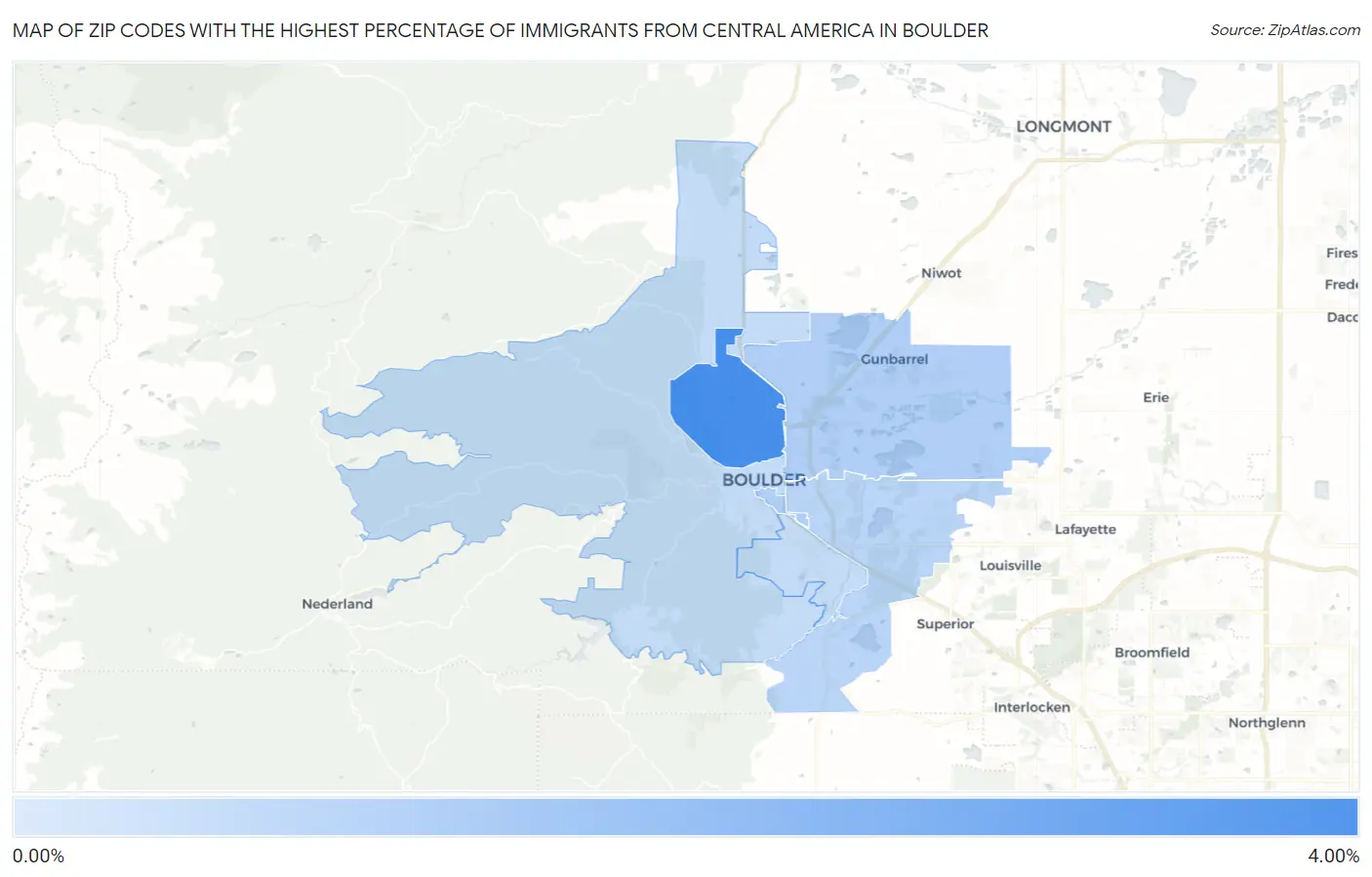 Zip Codes with the Highest Percentage of Immigrants from Central America in Boulder Map
