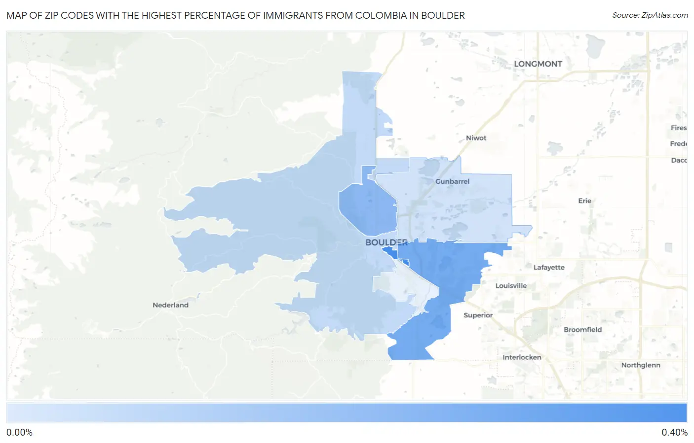 Zip Codes with the Highest Percentage of Immigrants from Colombia in Boulder Map
