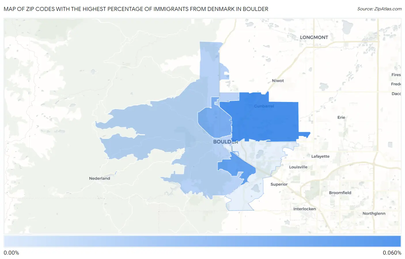 Zip Codes with the Highest Percentage of Immigrants from Denmark in Boulder Map