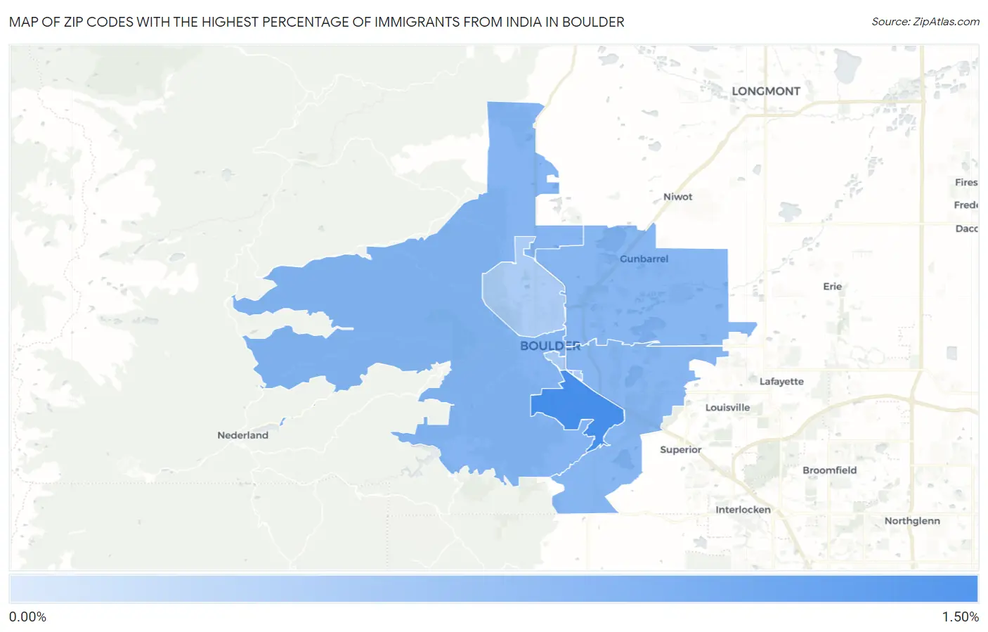 Zip Codes with the Highest Percentage of Immigrants from India in Boulder Map