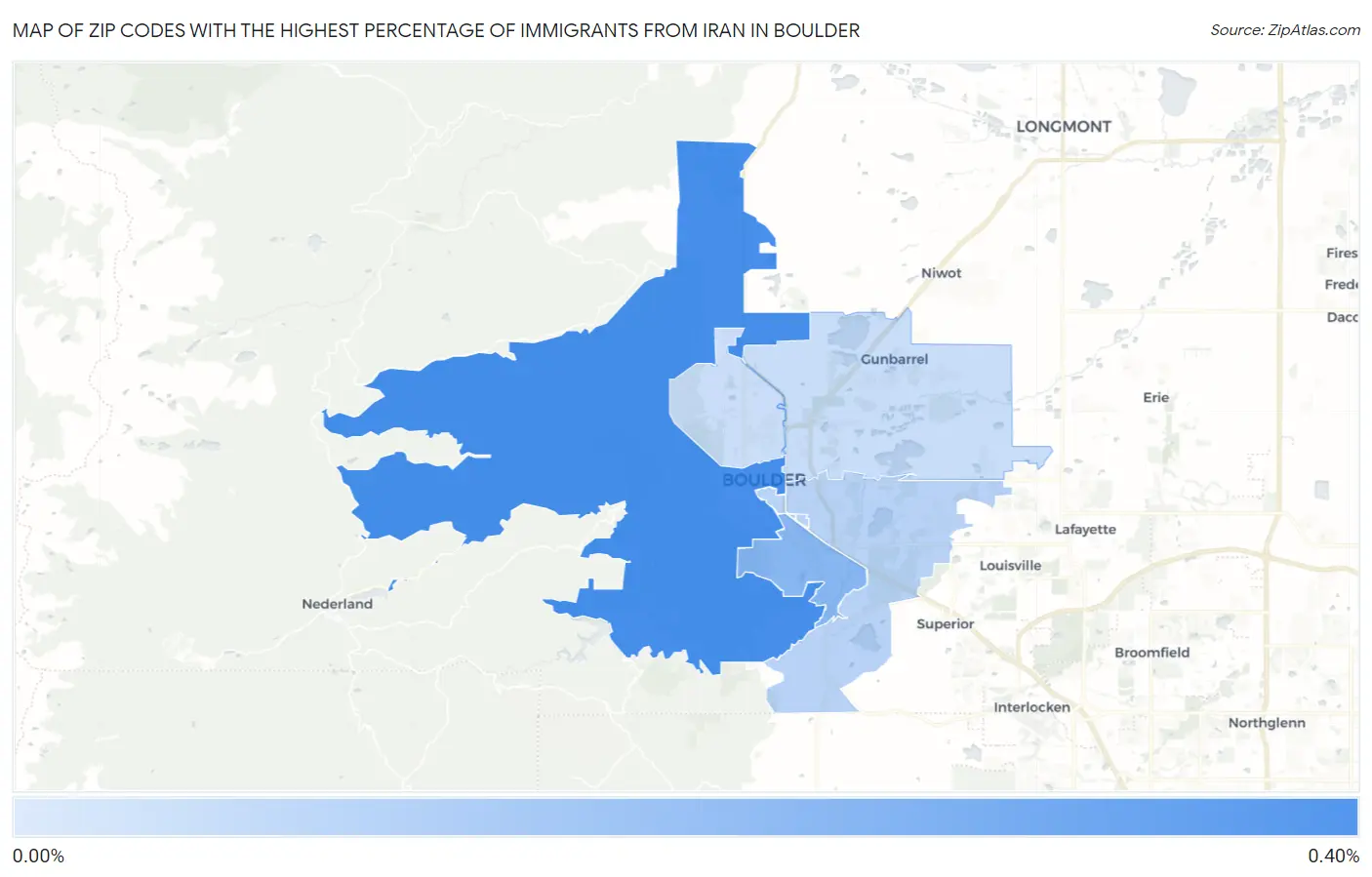 Zip Codes with the Highest Percentage of Immigrants from Iran in Boulder Map
