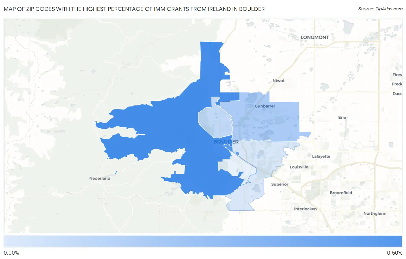 Zip Codes with the Highest Percentage of Immigrants from Ireland in Boulder Map