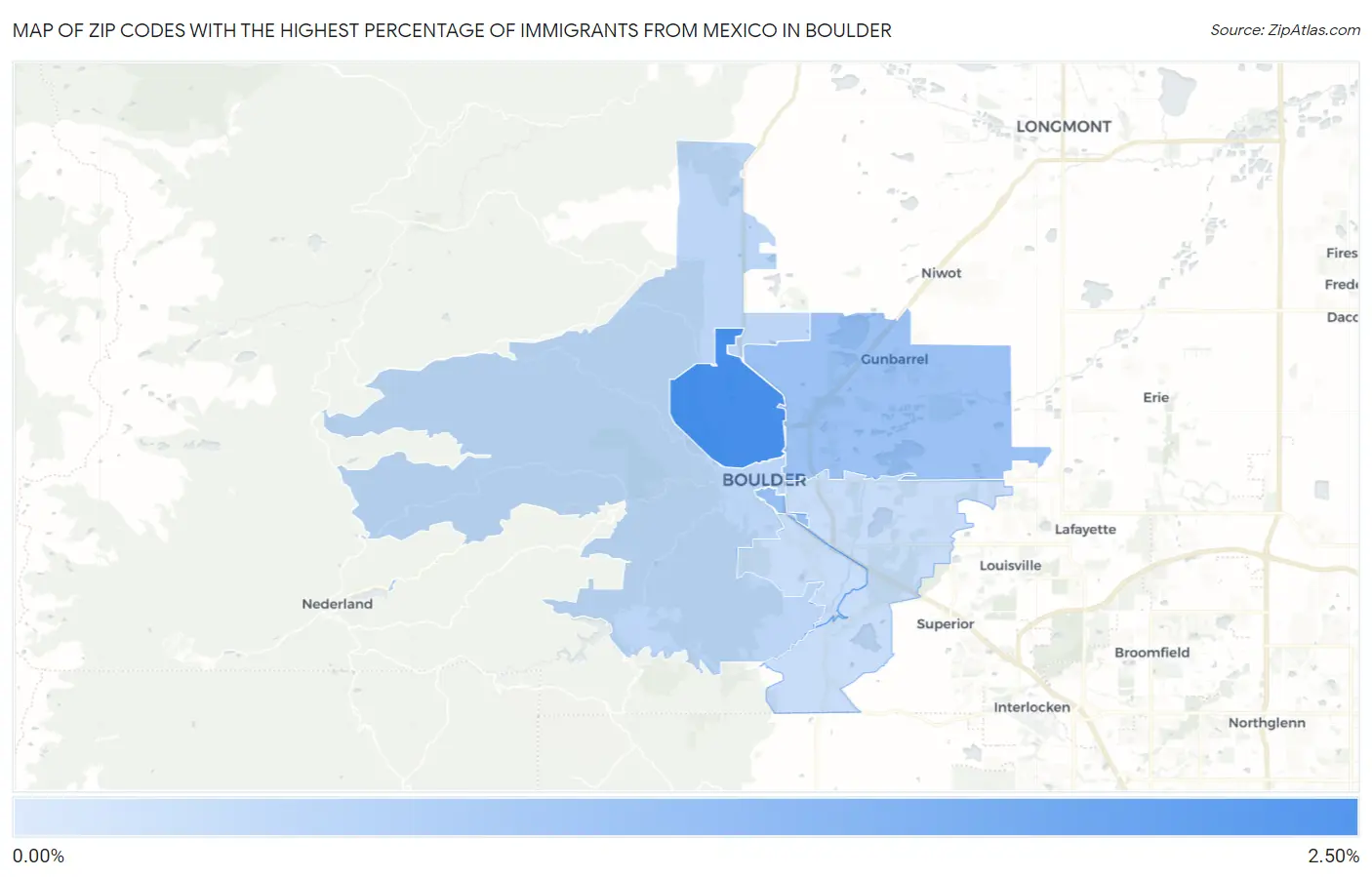 Zip Codes with the Highest Percentage of Immigrants from Mexico in Boulder Map