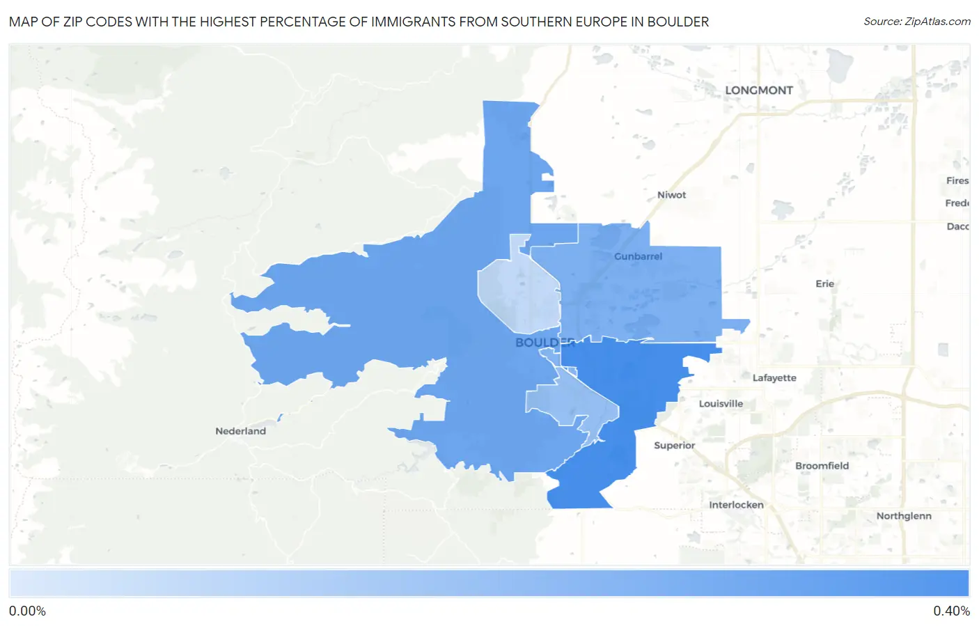 Zip Codes with the Highest Percentage of Immigrants from Southern Europe in Boulder Map