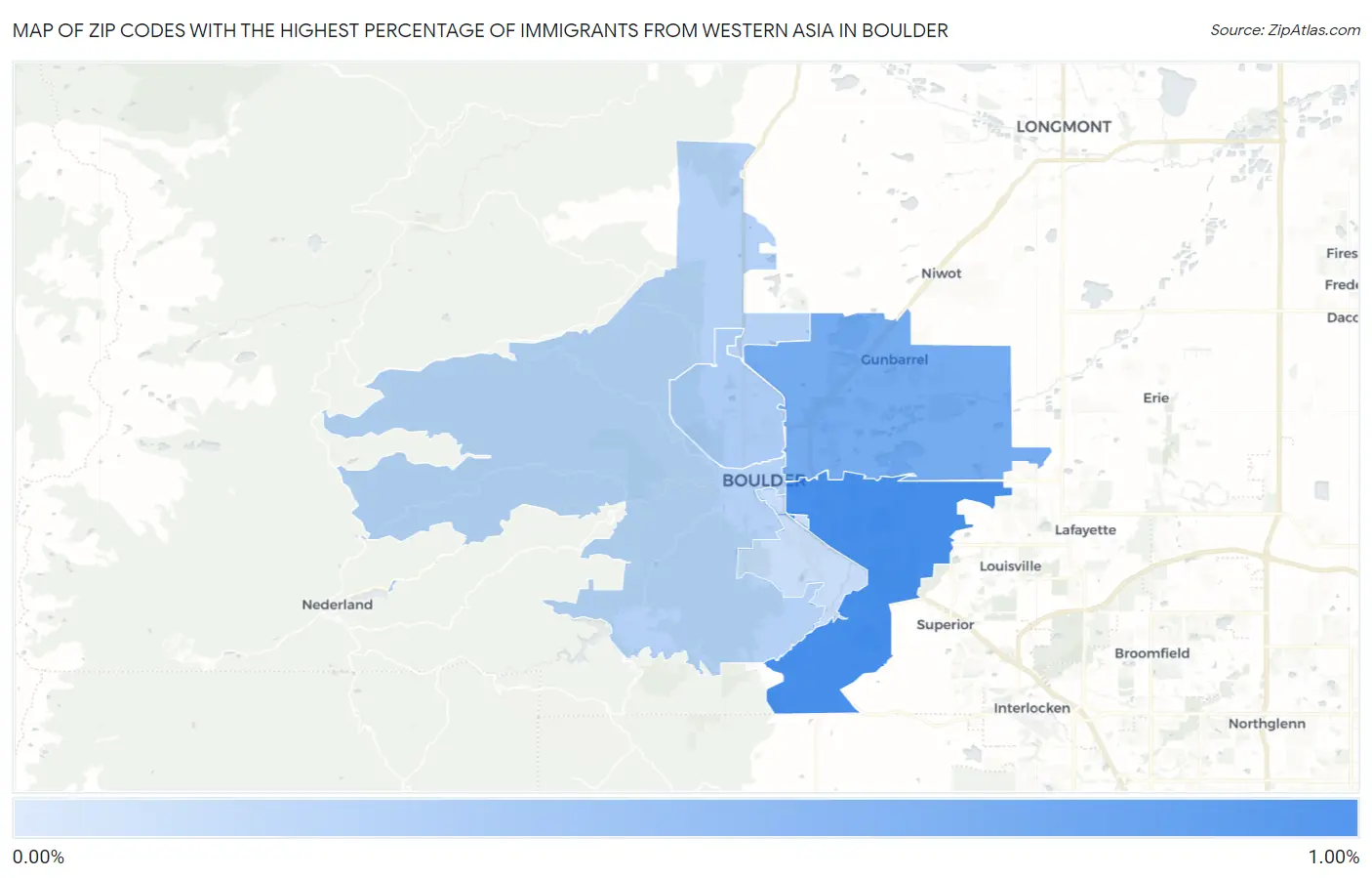 Zip Codes with the Highest Percentage of Immigrants from Western Asia in Boulder Map