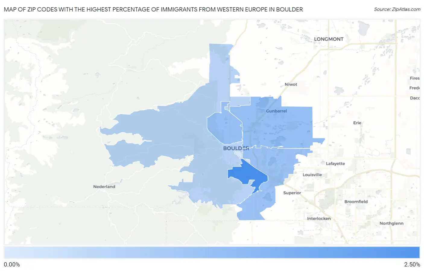 Zip Codes with the Highest Percentage of Immigrants from Western Europe in Boulder Map