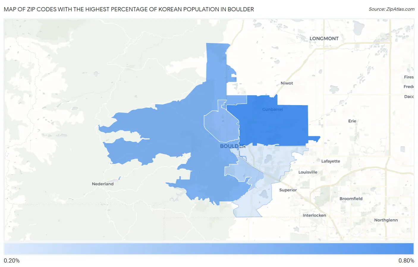 Zip Codes with the Highest Percentage of Korean Population in Boulder Map