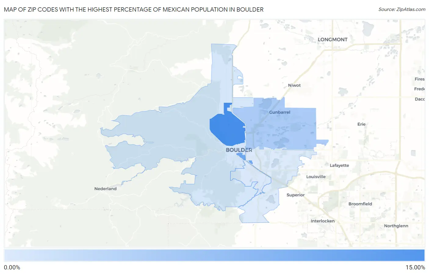 Zip Codes with the Highest Percentage of Mexican Population in Boulder Map