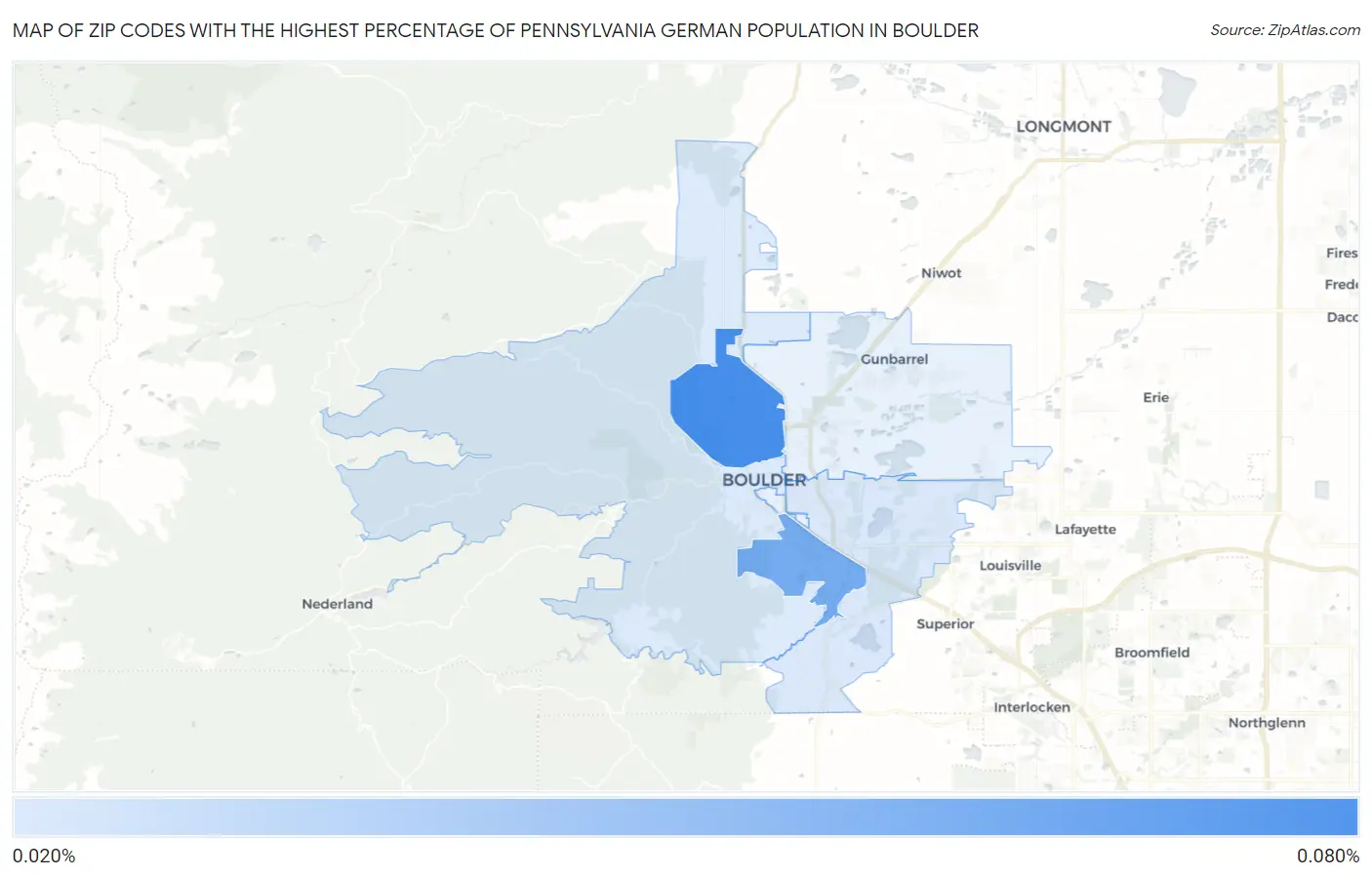 Zip Codes with the Highest Percentage of Pennsylvania German Population in Boulder Map