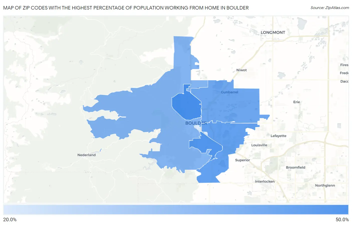 Zip Codes with the Highest Percentage of Population Working from Home in Boulder Map