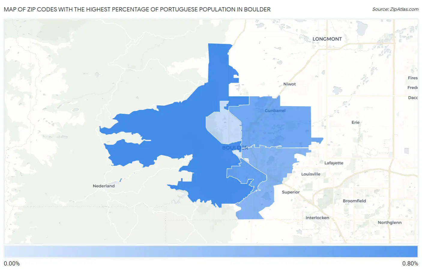 Zip Codes with the Highest Percentage of Portuguese Population in Boulder Map
