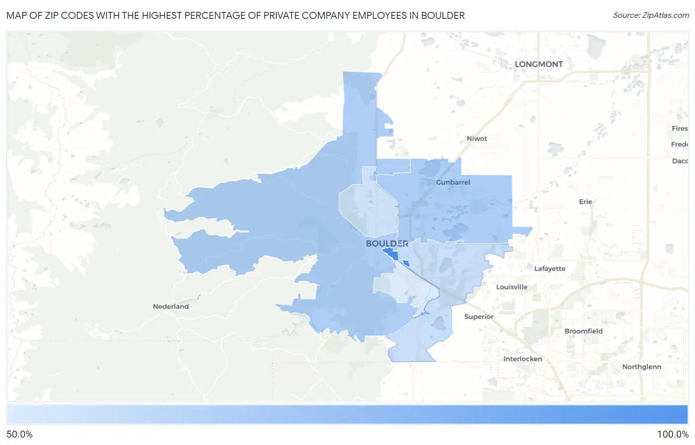 Zip Codes with the Highest Percentage of Private Company Employees in Boulder Map