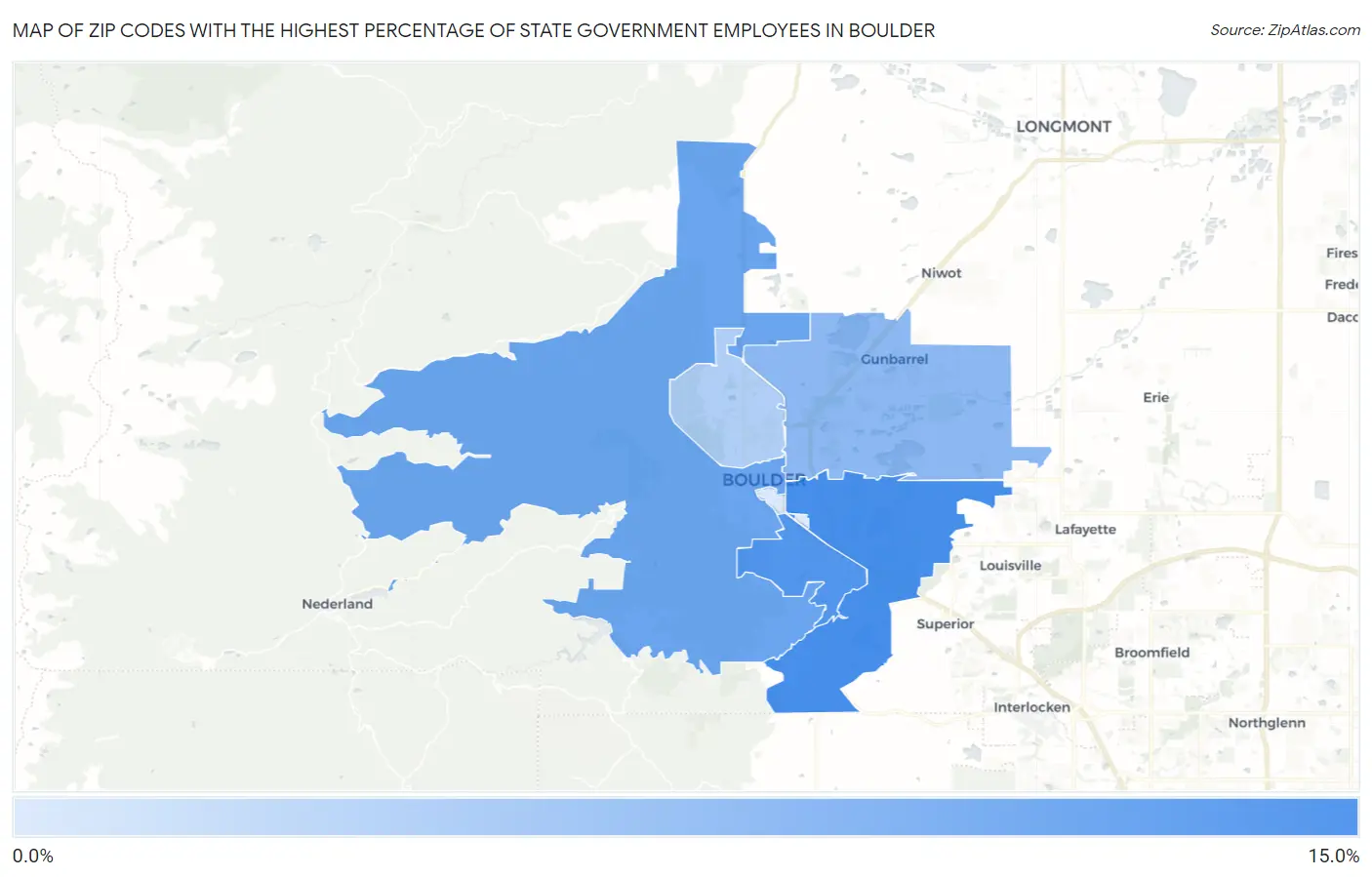 Zip Codes with the Highest Percentage of State Government Employees in Boulder Map