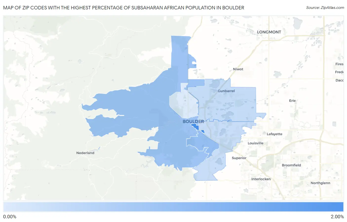 Zip Codes with the Highest Percentage of Subsaharan African Population in Boulder Map