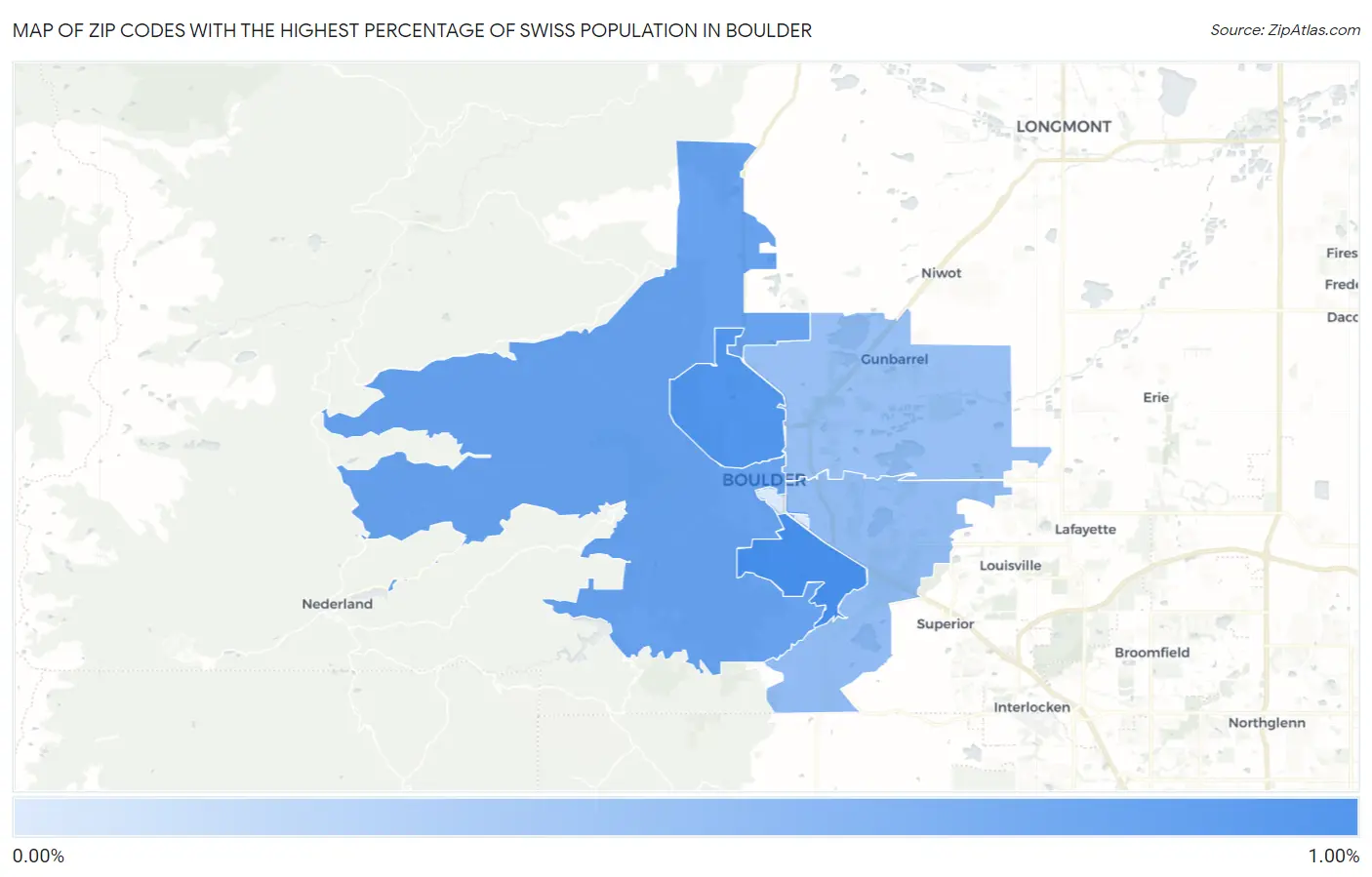 Zip Codes with the Highest Percentage of Swiss Population in Boulder Map