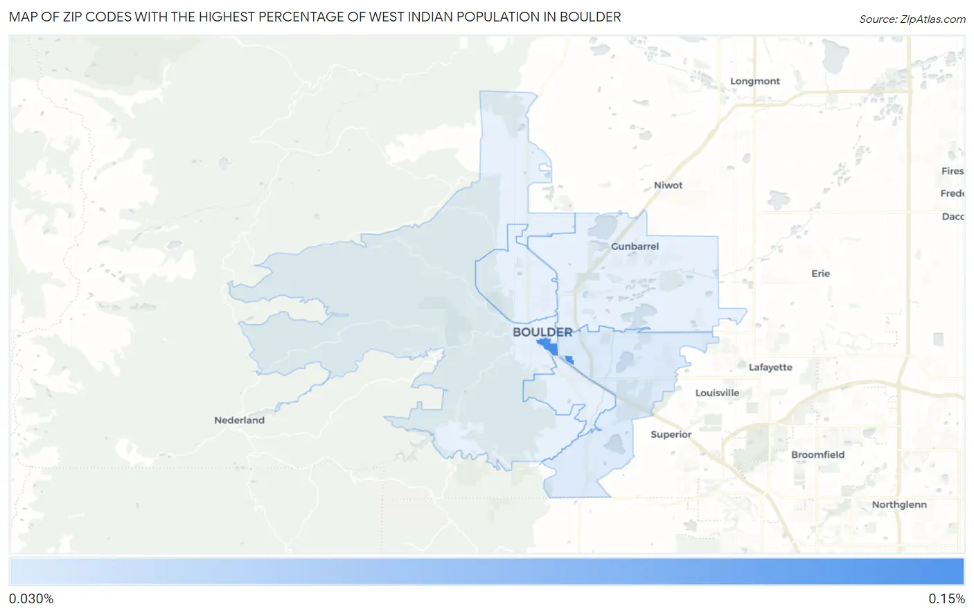 Zip Codes with the Highest Percentage of West Indian Population in Boulder Map