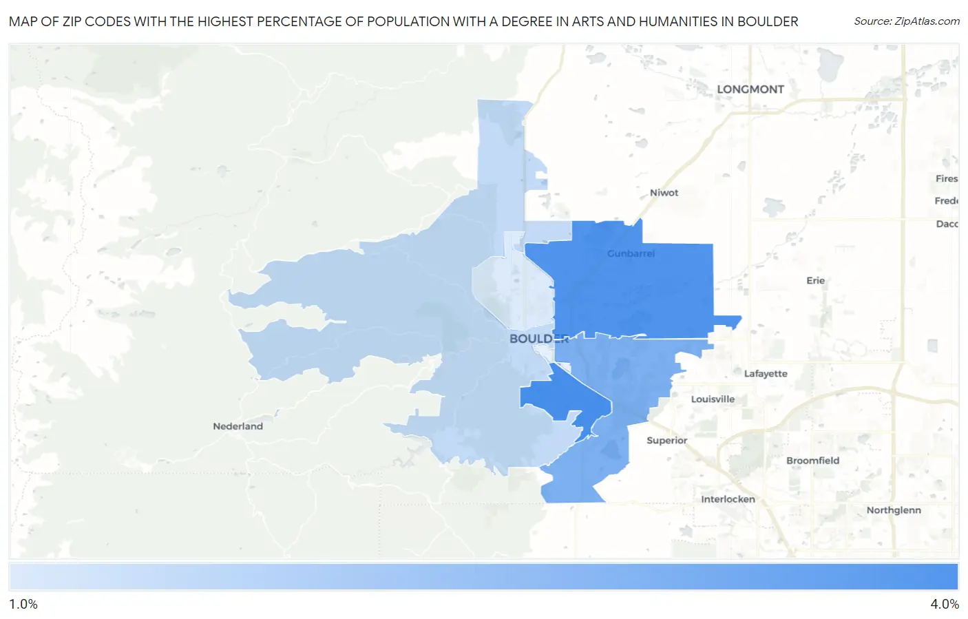 Zip Codes with the Highest Percentage of Population with a Degree in Arts and Humanities in Boulder Map
