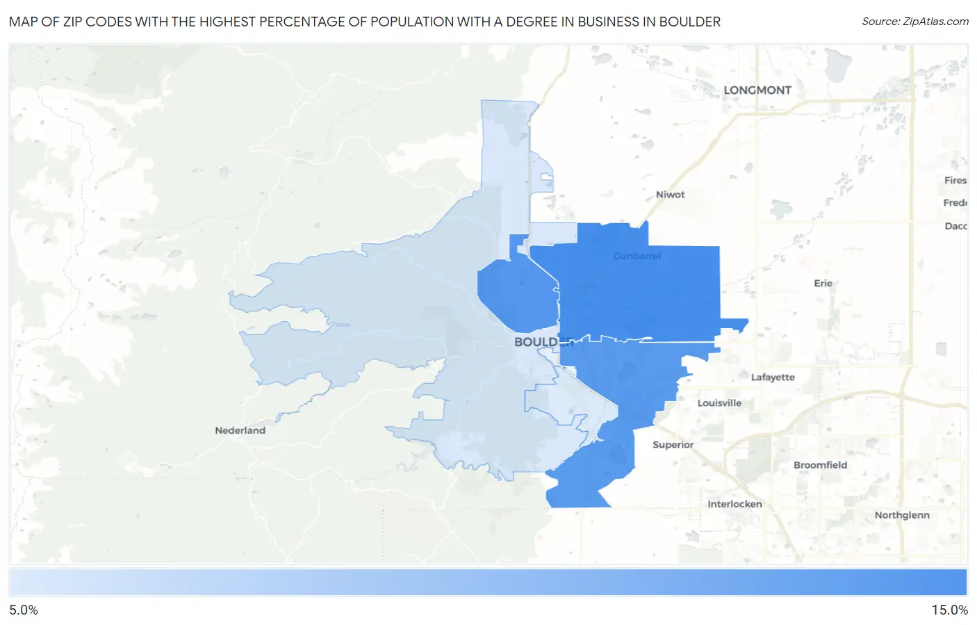 Zip Codes with the Highest Percentage of Population with a Degree in Business in Boulder Map