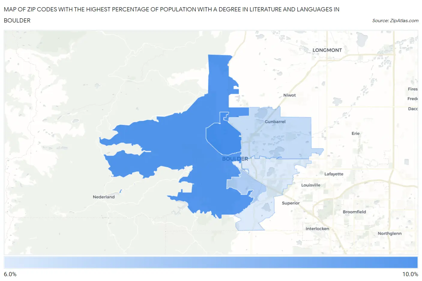 Zip Codes with the Highest Percentage of Population with a Degree in Literature and Languages in Boulder Map