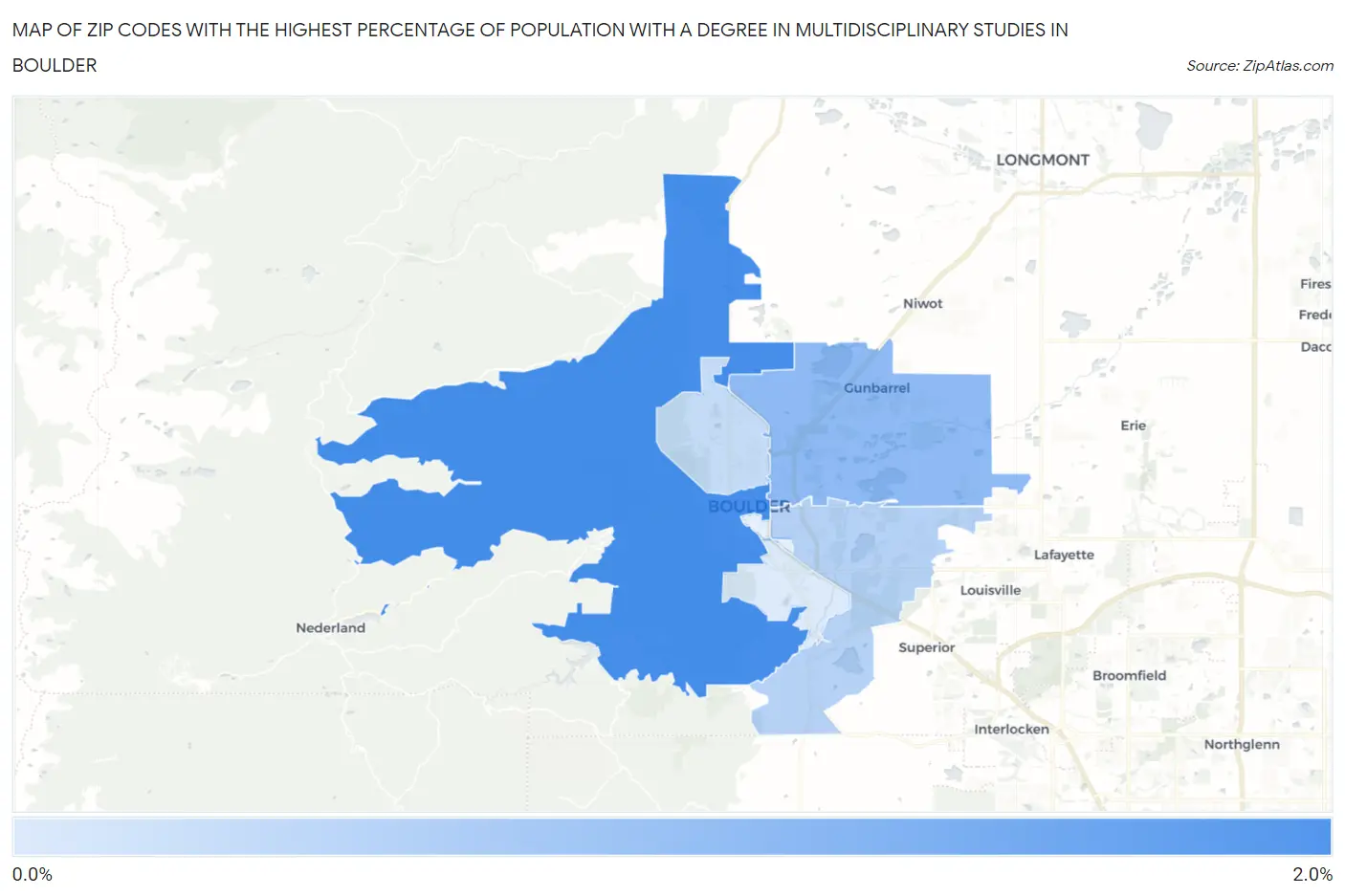 Zip Codes with the Highest Percentage of Population with a Degree in Multidisciplinary Studies in Boulder Map