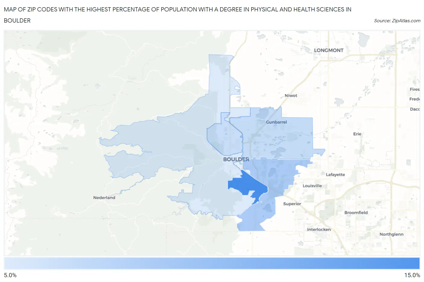 Zip Codes with the Highest Percentage of Population with a Degree in Physical and Health Sciences in Boulder Map