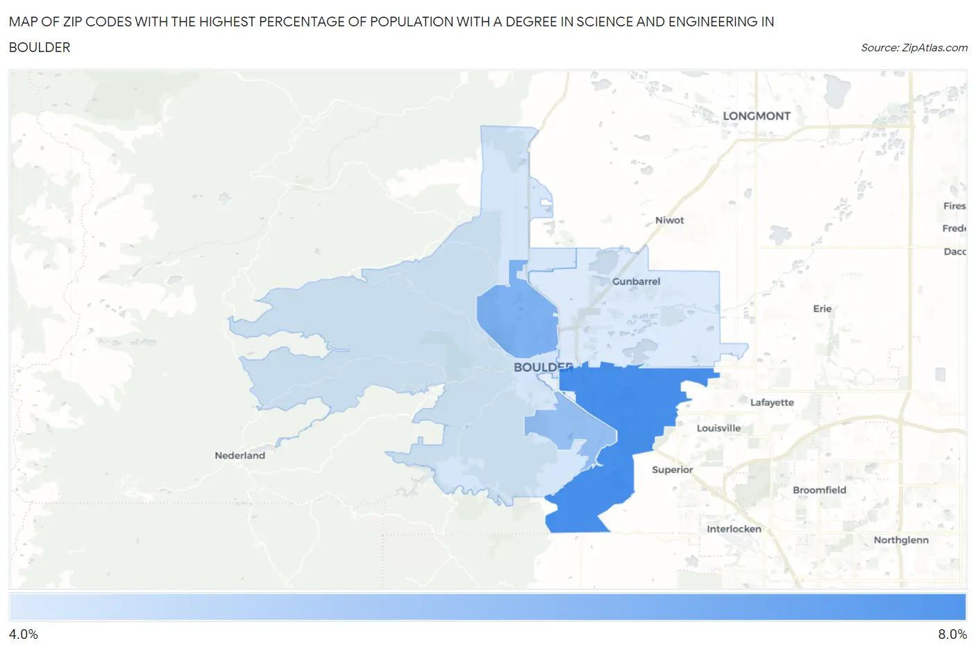 Zip Codes with the Highest Percentage of Population with a Degree in Science and Engineering in Boulder Map