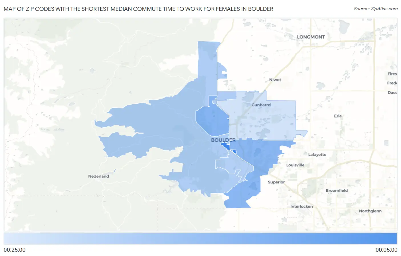 Zip Codes with the Shortest Median Commute Time to Work for Females in Boulder Map